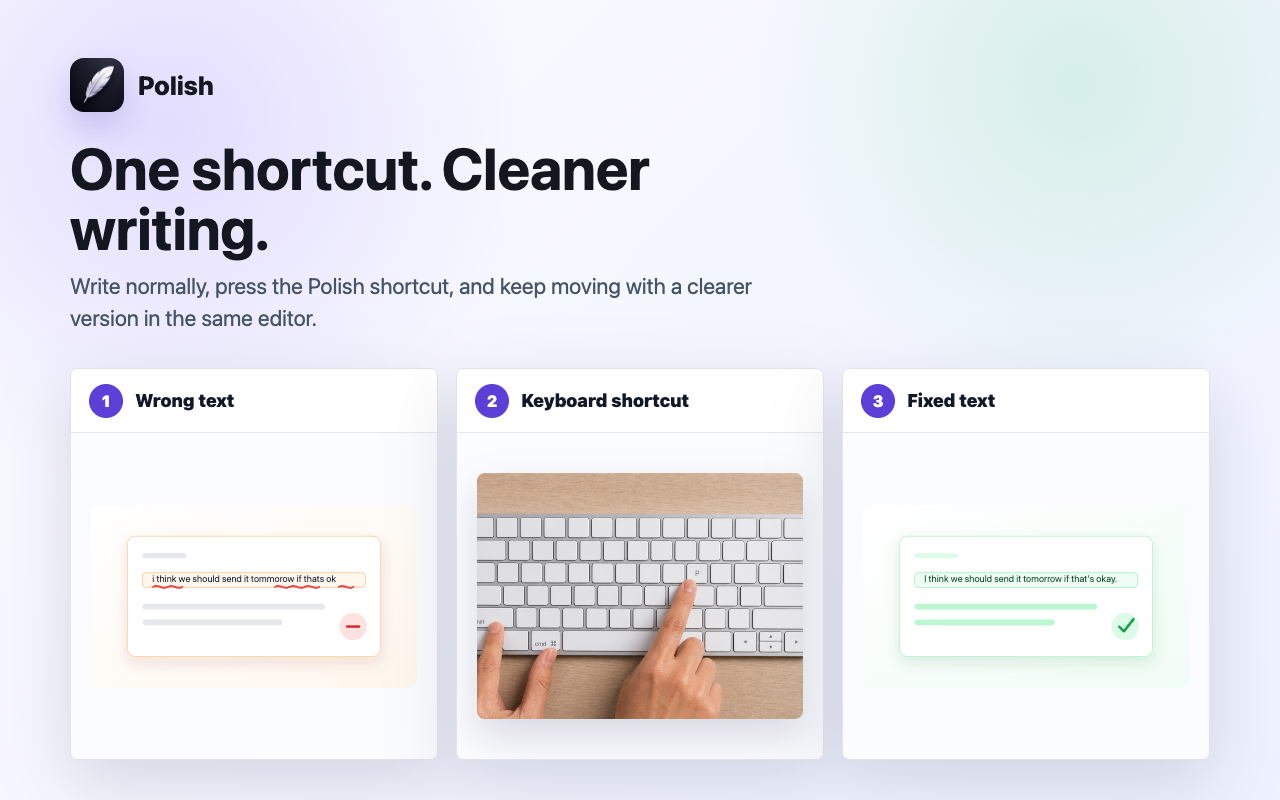 Three steps showing wrong text, keyboard shortcut, and fixed text