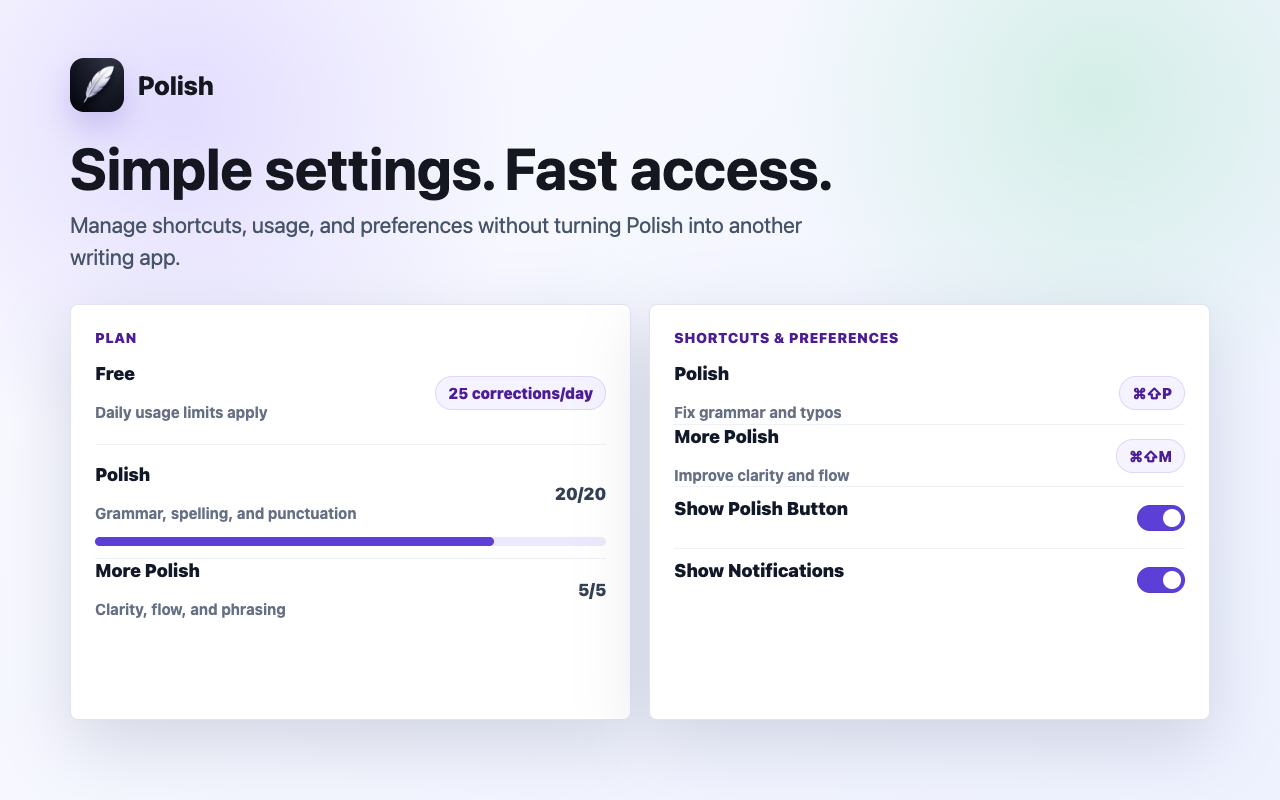 Polish settings with plan, shortcuts, and preferences